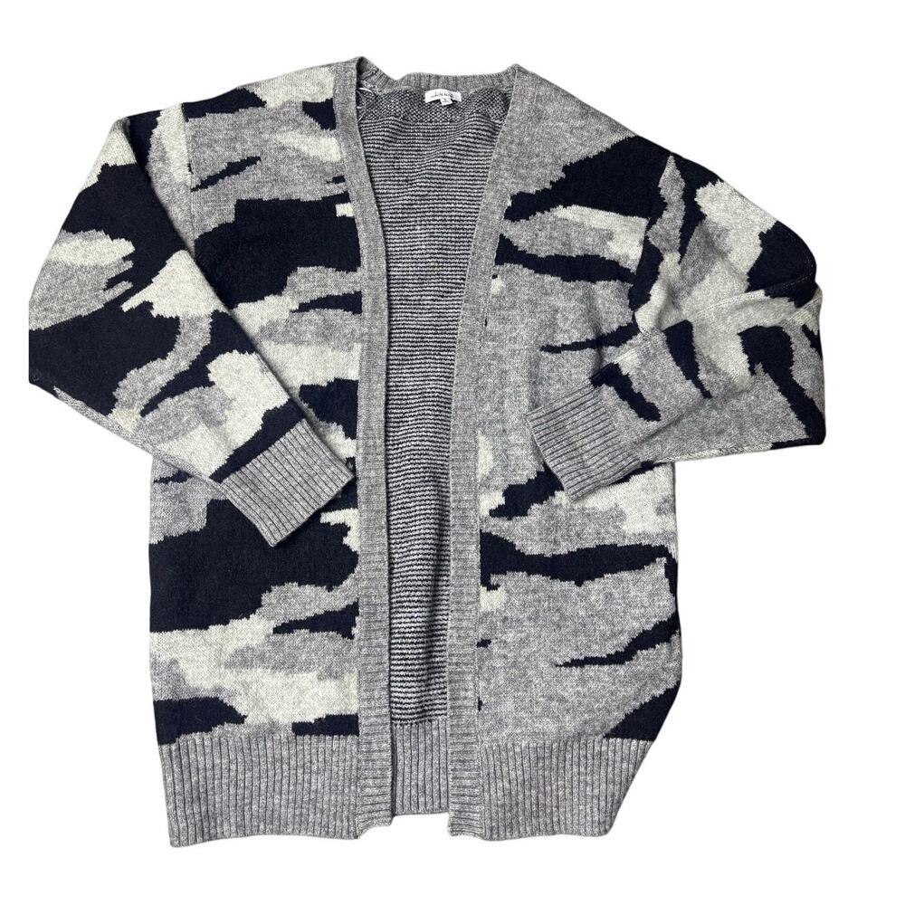 White Birch Gray Black Camo Open Front Cardigan Sweater Women’s S Cozy Kni